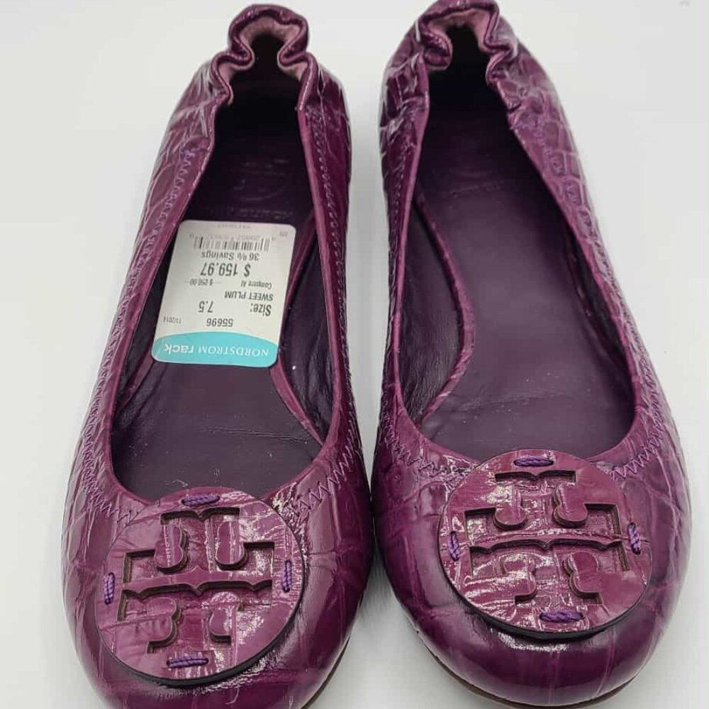 Tory Burch Reva Sweet Plum Leather Croc Embossed Flats NWT!  NEW! 7 1/2